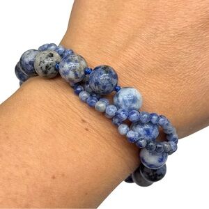 Sodalite Beaded Bracelet Clear Rhinestone Magnetic Clasp Blue Stone Crystal